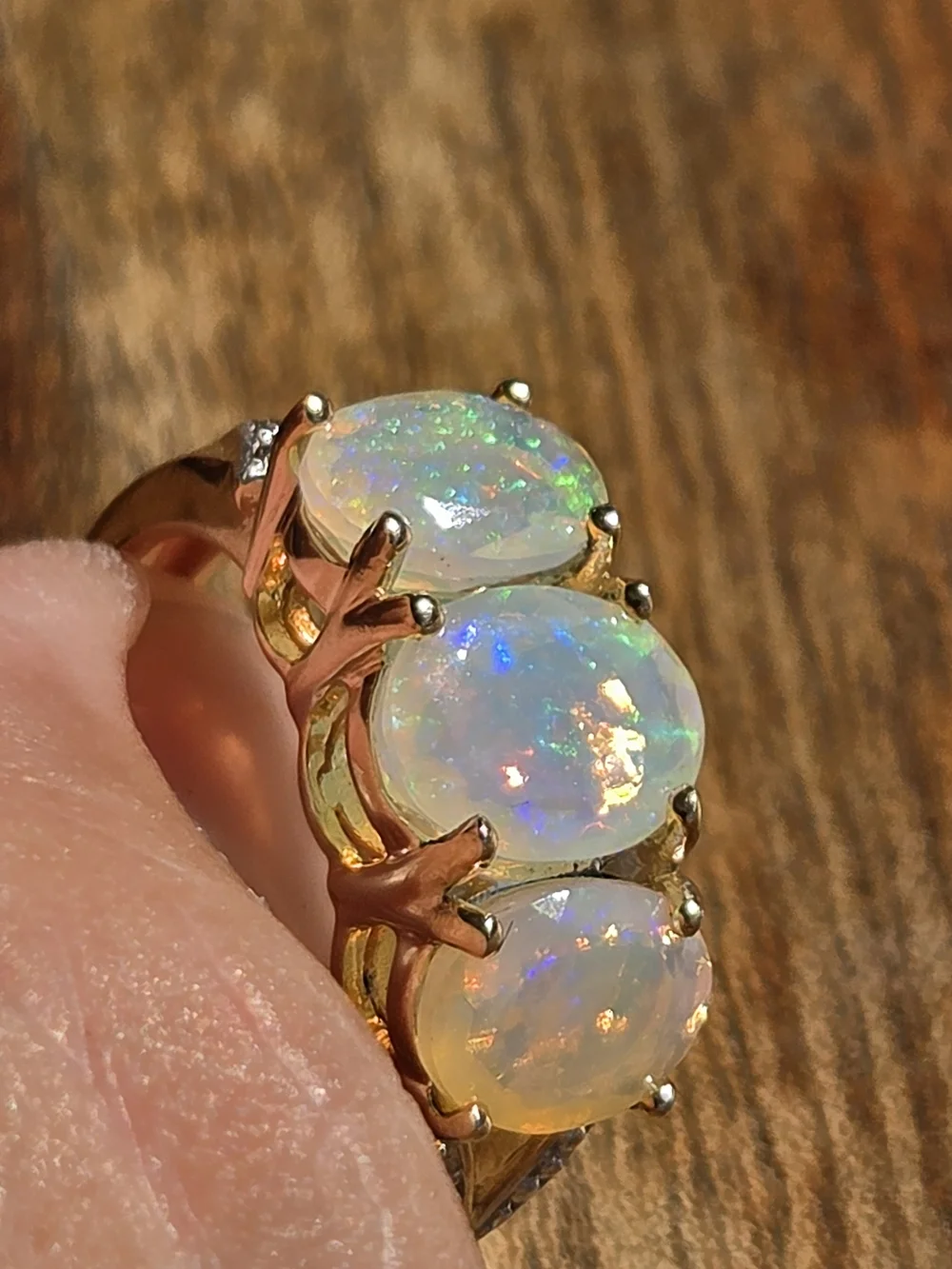 Gold Vermeil Sterling Silver Opal Triple Stone Ring White Opal Engagement Style